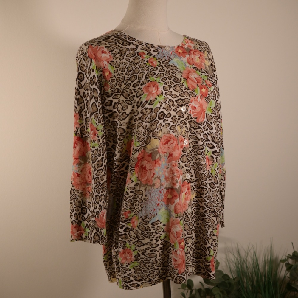 Joseph A. Leopard Floral Print Cardigan XL Tan Pink Rose Button Front Sweater